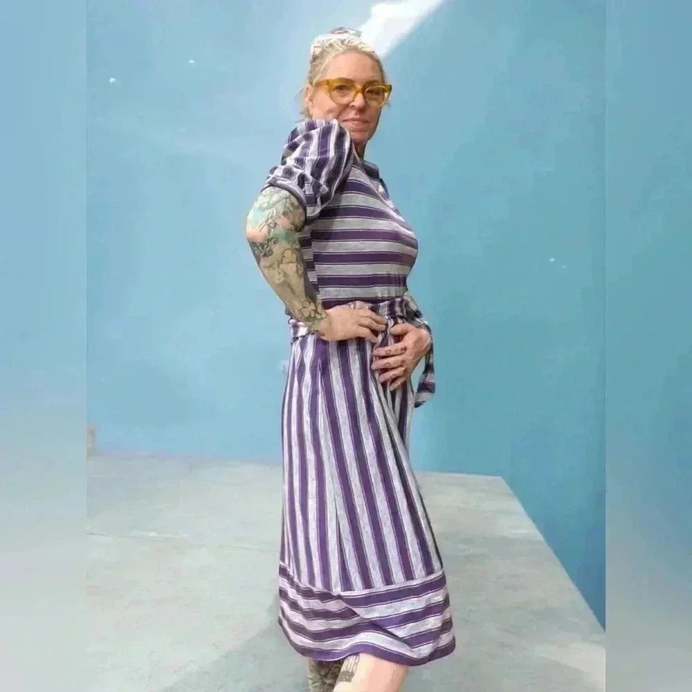 Striped vintage casual travel vintage Gray & purple Midi Dress with 3/4 Sleeves